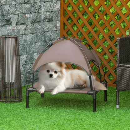 Nuzzle elevated outdoor dog bed with UV canopy — cooling raised pet cot for summer